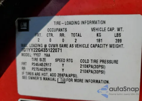 2003 Chevrolet Corvette z USA, uszkodzony, nr VIN 1G1YY22G435122071